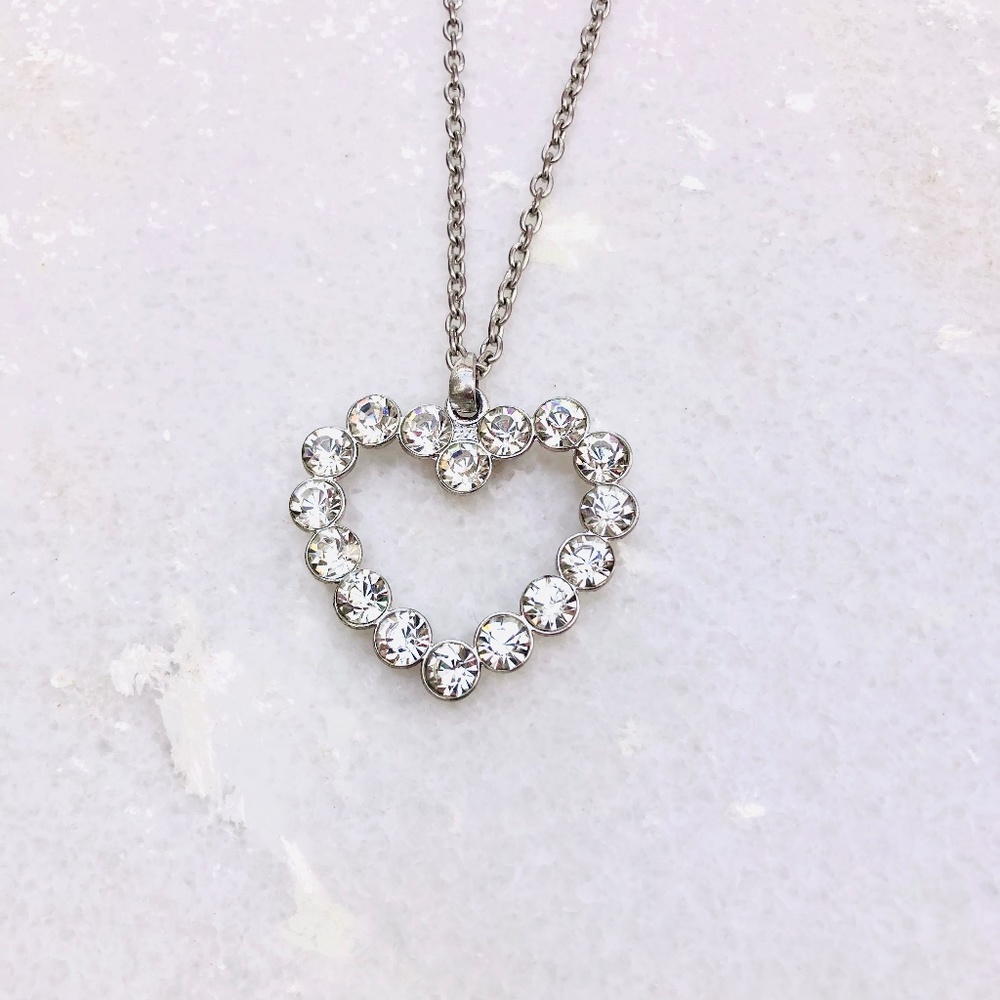 Vintage Huge Bling Clear Rhinestone Heart Pendant Silver Tone Chain 2”  Sweet